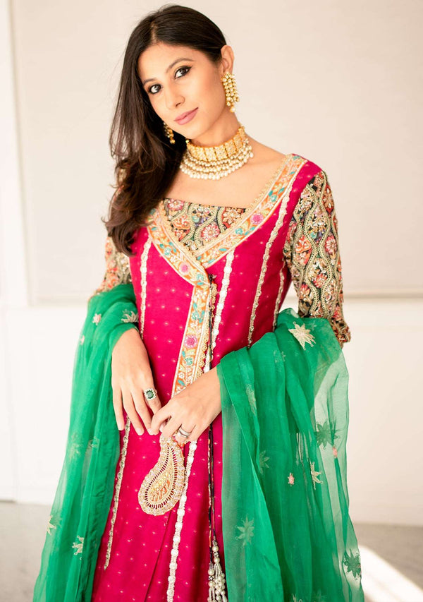 Layla Chatoor | Luxury Pret | Fuchsia Angrakha - Luxury Dress - available at Maria Faisal in UK and USA.
