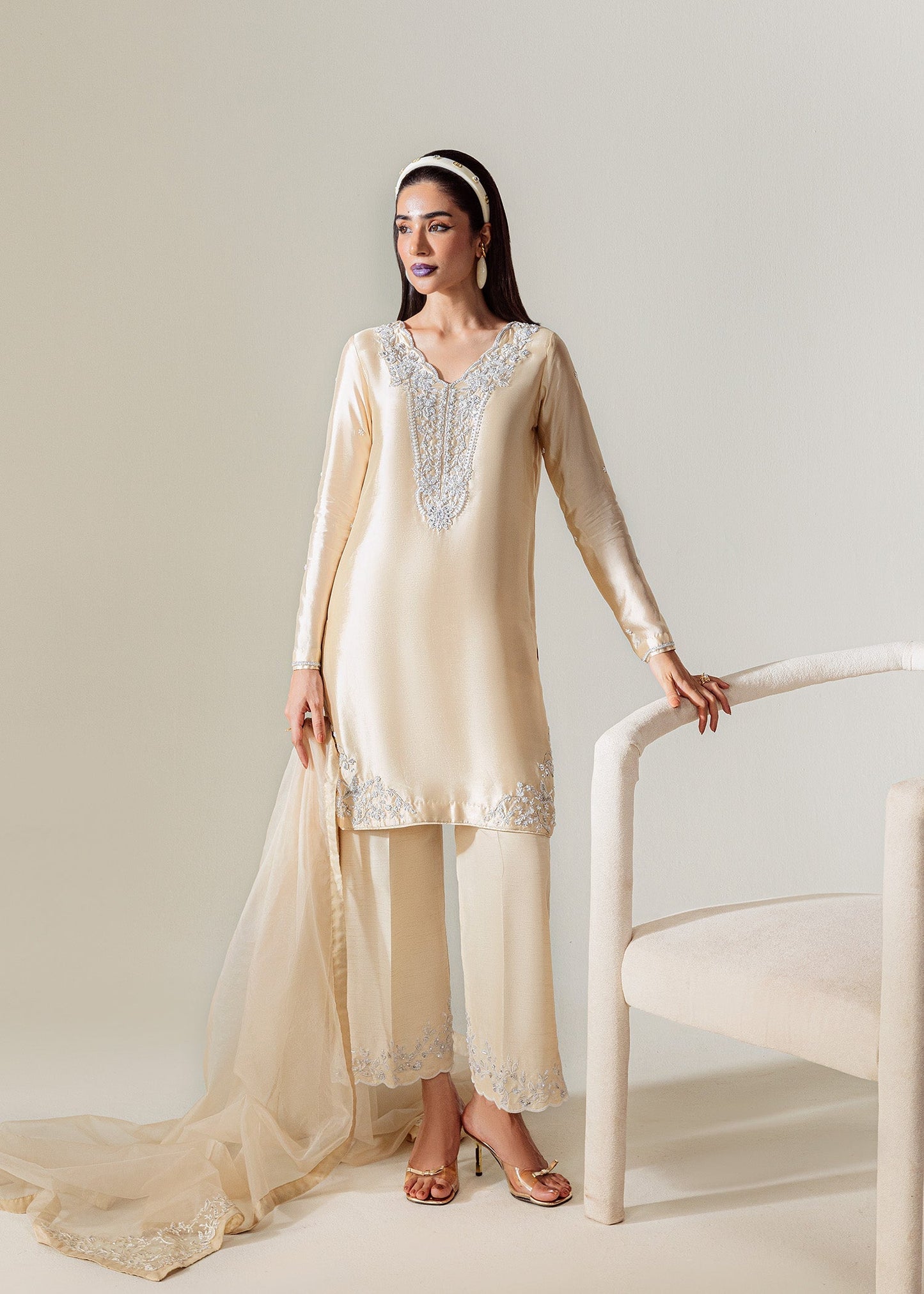 Mahum Asad | The Sirens | Champagne - Formal Dress - available at Maria Faisal in UK and USA.