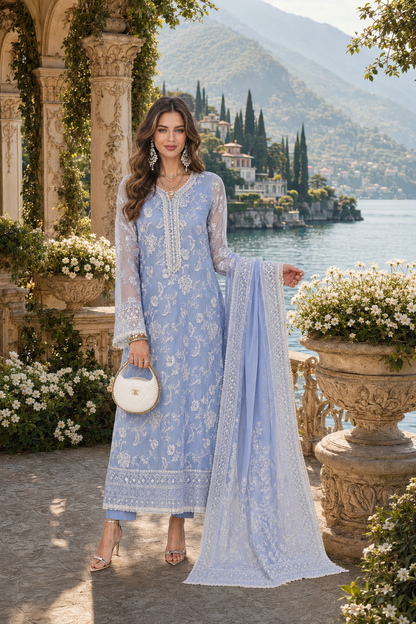 Saadia Asad | Nooriyah Luxury Chiffon | D3 - Dove Blue - Formal Dress - available at Maria Faisal in UK and USA.