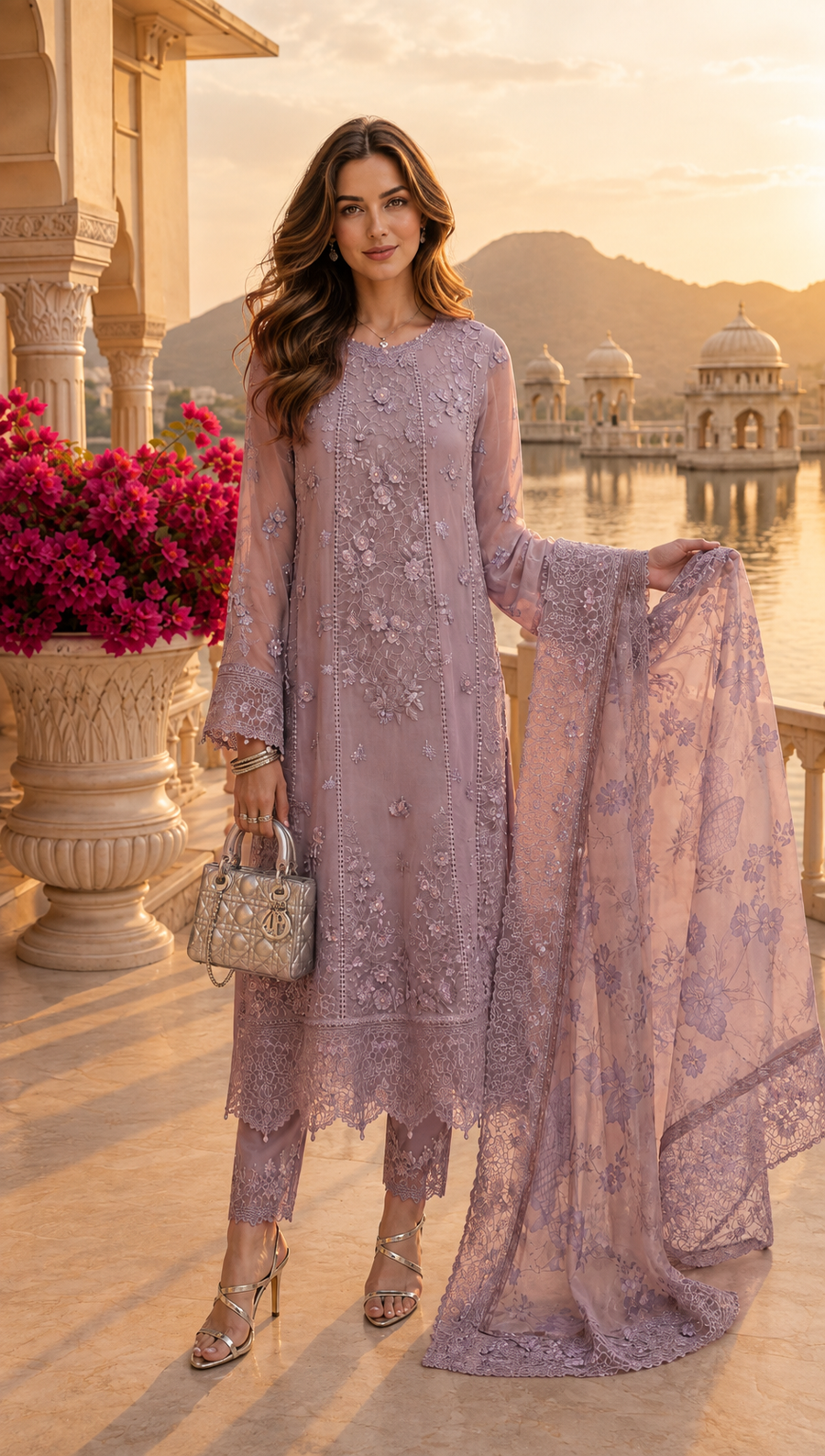 Saadia Asad | Nooriyah Luxury Chiffon | D6 - Vintage Mauve - Formal Dress - available at Maria Faisal in UK and USA.