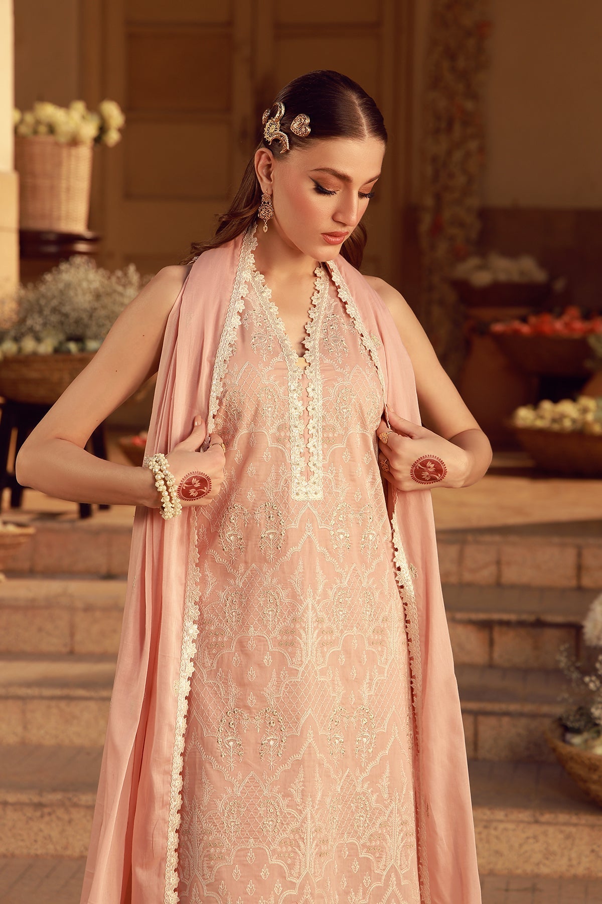 Sahar | Festive Edit 26 | Peach Blosoom Muse - Luxury Dress - available at Maria Faisal in UK and USA.