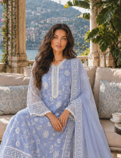 Saadia Asad | Nooriyah Luxury Chiffon | D3 - Dove Blue - Formal Dress - available at Maria Faisal in UK and USA.