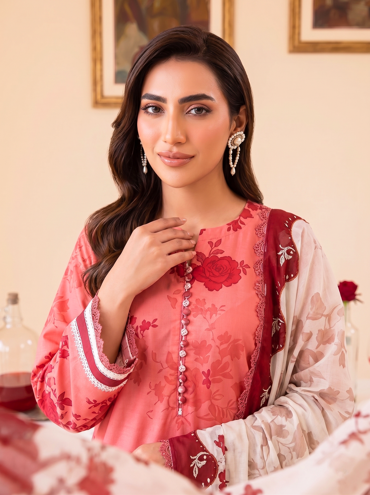 Faiza Faisal | FNF Printed Lawn | CORAL ROSE - Casual Dress - available at Maria Faisal in UK and USA.