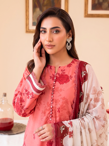 Faiza Faisal | FNF Printed Lawn | CORAL ROSE - Casual Dress - available at Maria Faisal in UK and USA.