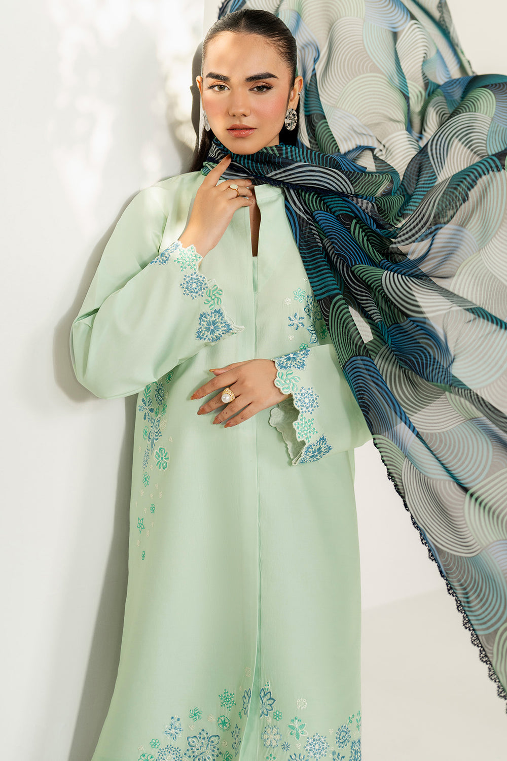 Farasha | Thread Lines Embroidered | Green Meadow - Ladies Clothes - Maria Faisal