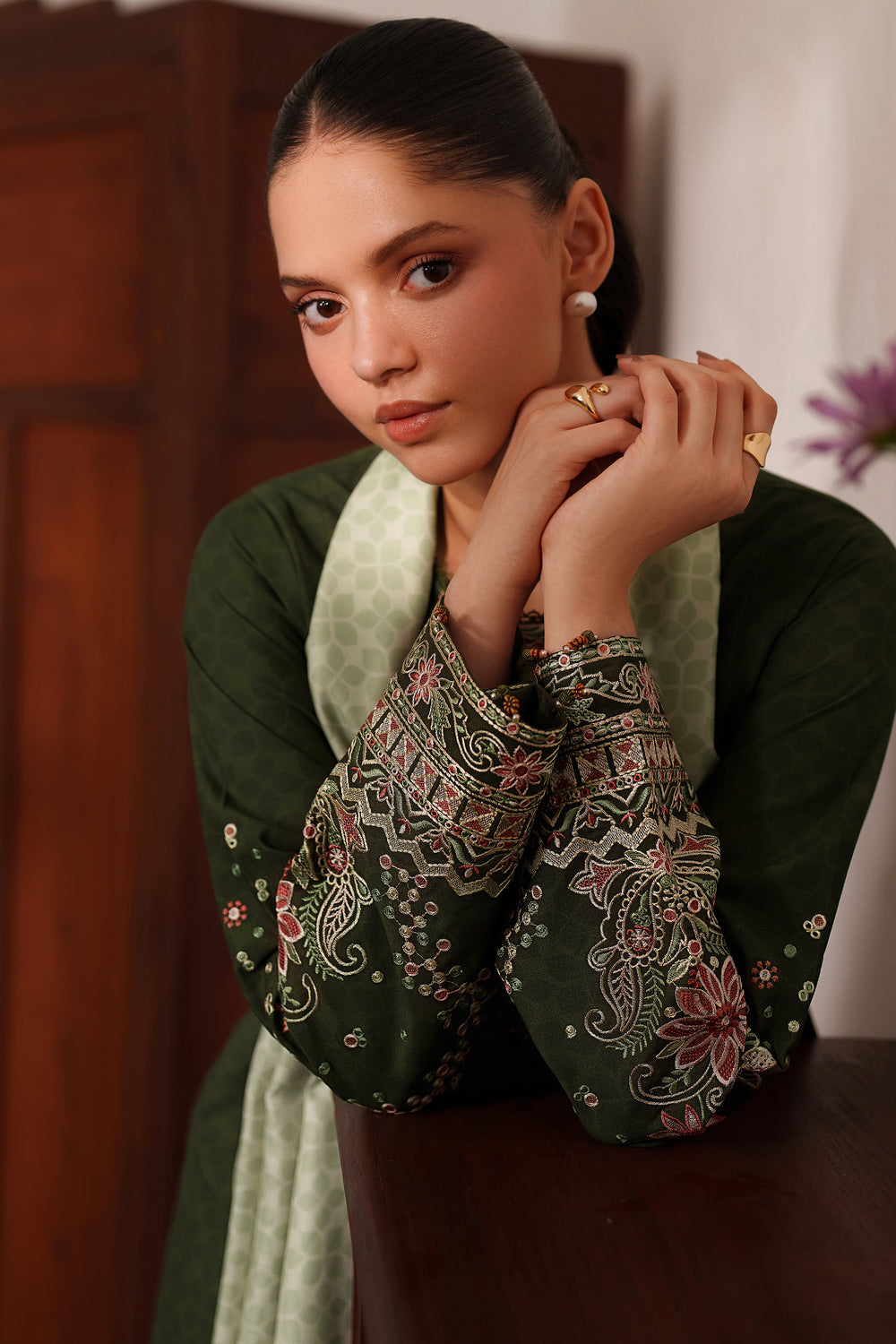 Farasha | Meline Premium Viscose 25 | Olive Drape - Luxury Dress - available at Maria Faisal in UK and USA.