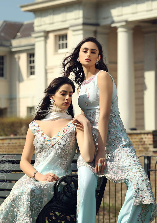 Layla Chatoor | Luxury Pret | Ice Blue Long Top - Luxury Dress - available at Maria Faisal in UK and USA.