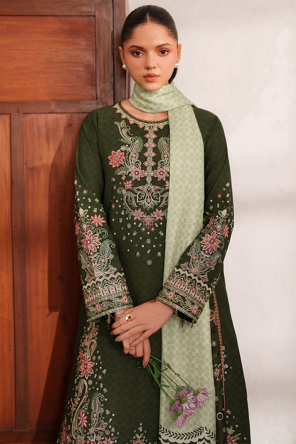 Farasha | Meline Premium Viscose 25 | Olive Drape - Luxury Dress - available at Maria Faisal in UK and USA.