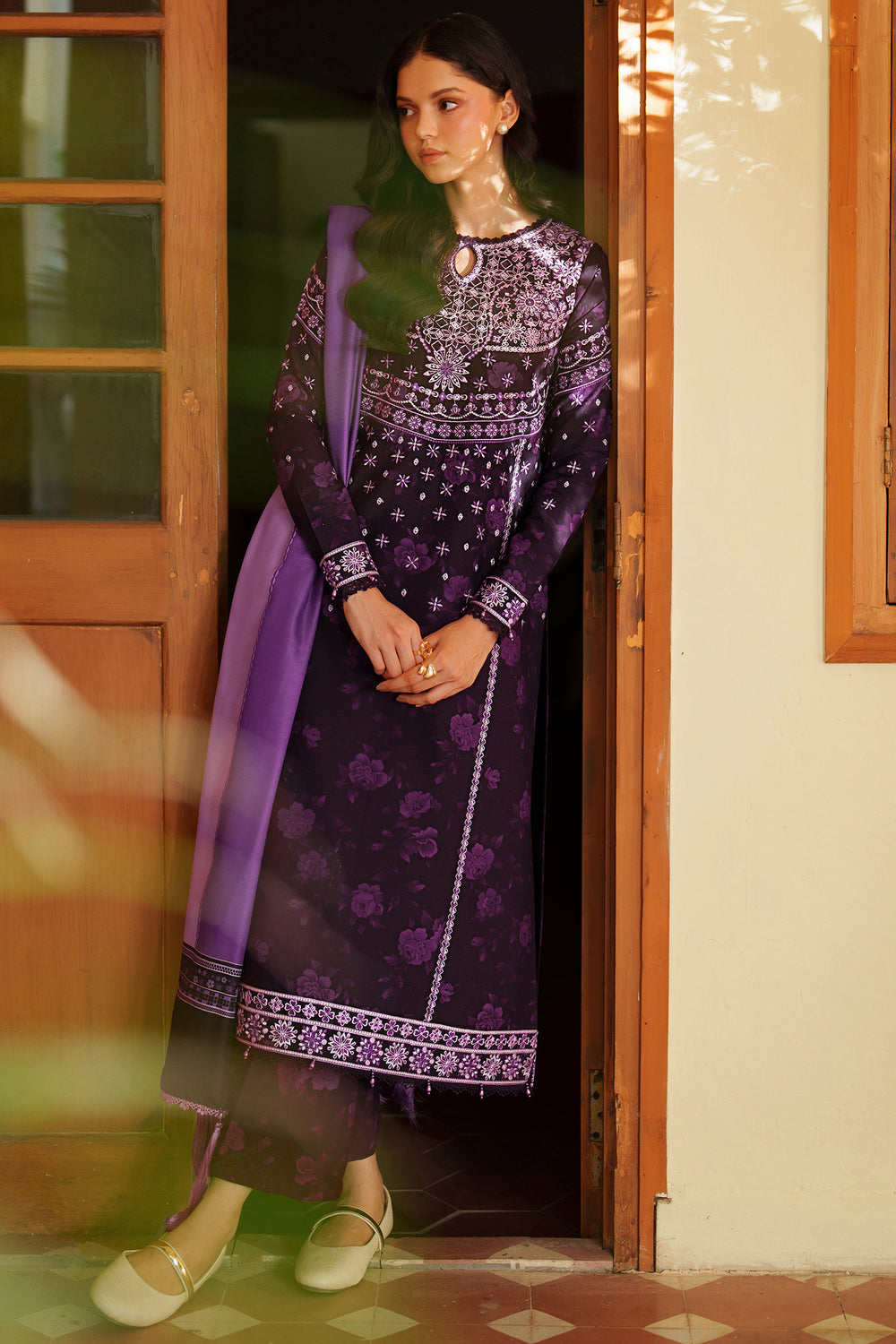 Farasha | Meline Premium Viscose 25 | Plum Powder - Luxury Dress - available at Maria Faisal in UK and USA.