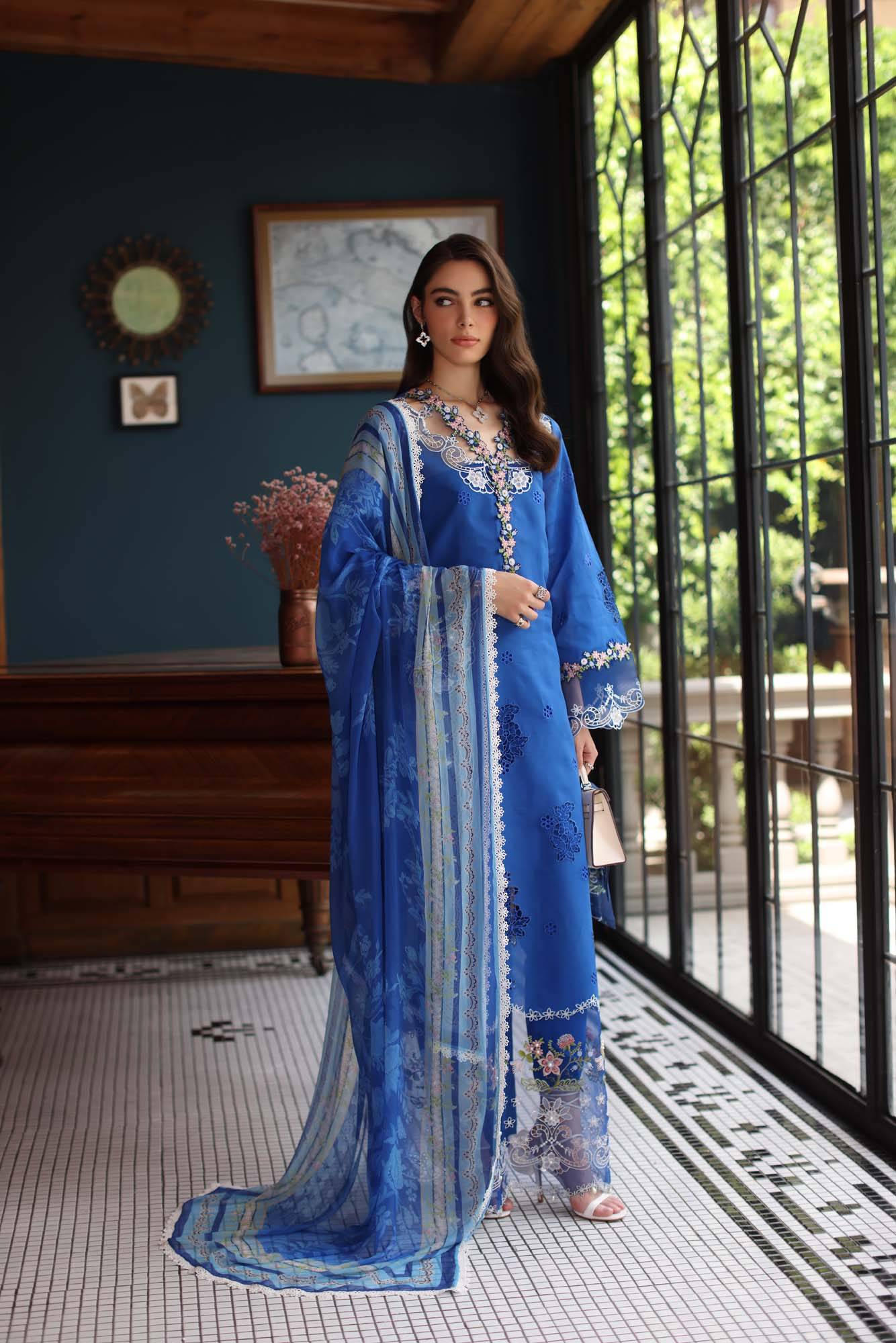 Noor by Saadia Asad | Eid Luxury Schiffli Laserkari 25 | D4- Ink Blue by Maria Faisal - Registered Vendor of : Noor by Saadia Asad - type : Ladies Clothes - 100% original wedding dresses