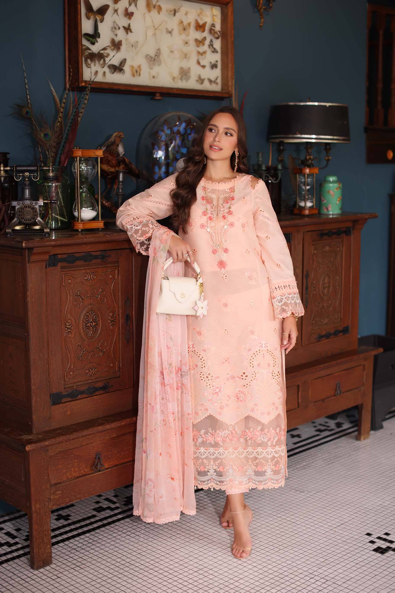 Noor by Saadia Asad | Eid Luxury Schiffli Laserkari 25 | D6- Peach by Maria Faisal - Registered Vendor of : Noor by Saadia Asad - type : Ladies Clothes - 100% original wedding dresses