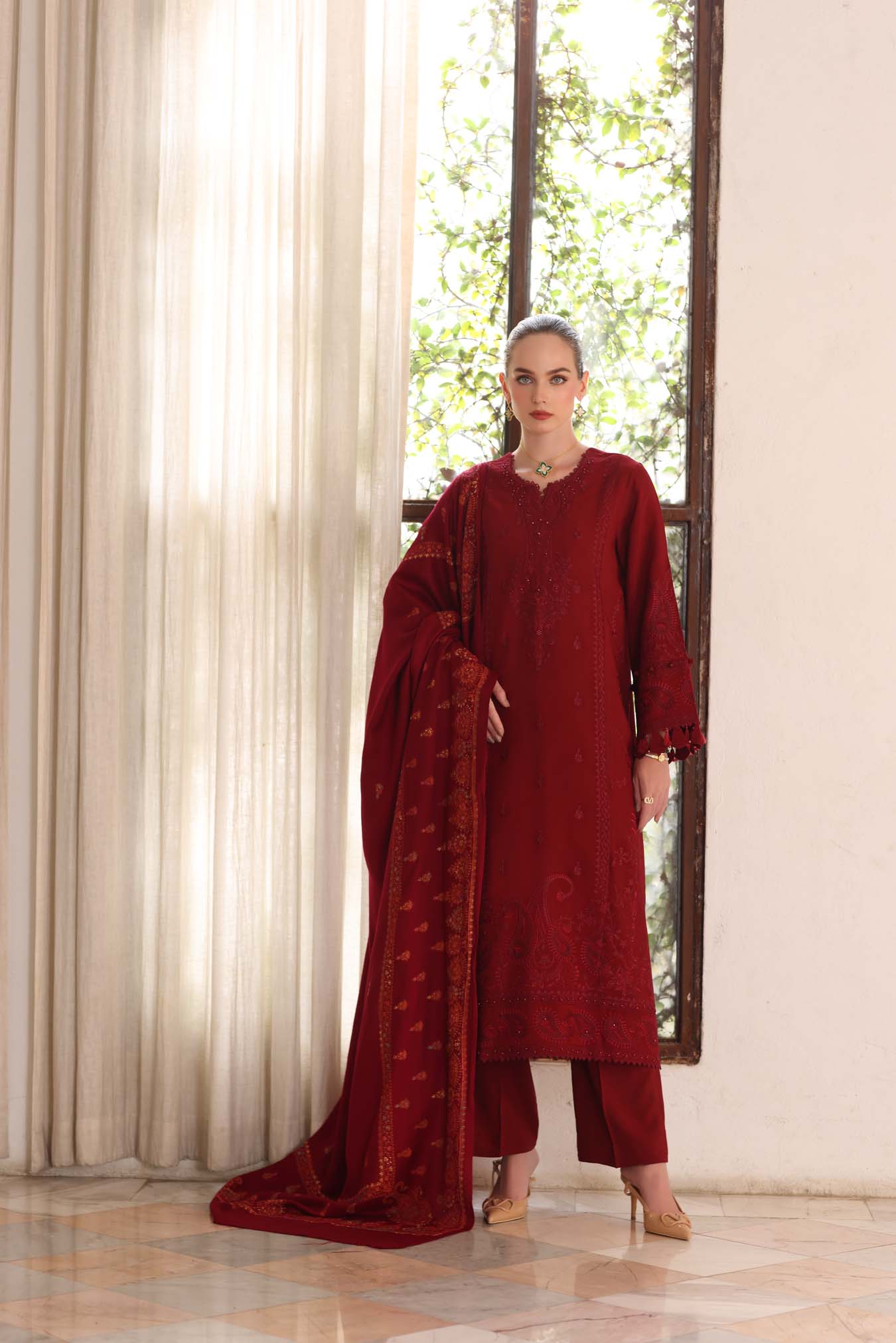 Noor by Saadia Asad | Winter Pashmina 25 | Ember - Casual Dress - available at Maria Faisal in UK and USA.