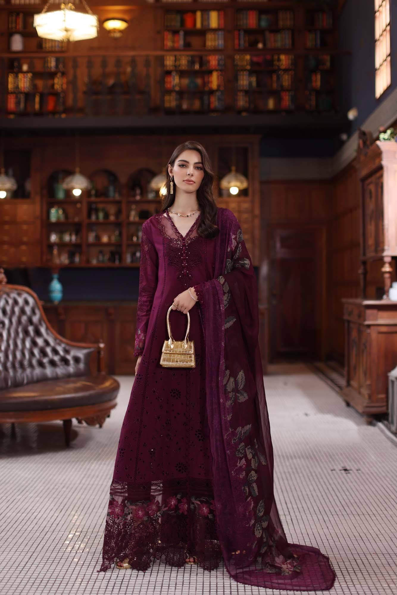 Noor by Saadia Asad | Eid Luxury Schiffli Laserkari 25 | D12- Plum by Maria Faisal - Registered Vendor of : Noor by Saadia Asad - type : Ladies Clothes - 100% original wedding dresses