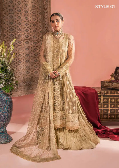 Aik Atelier Wedding Festive 23 LOOK 03 – Beige Designer Dress with intricate embroidery and embellishments. Shop wedding dresses at Maria Faisal.