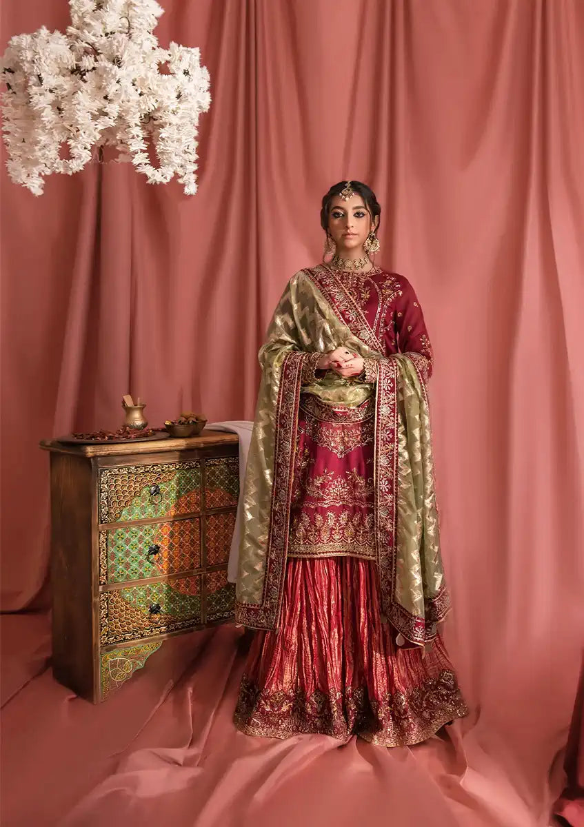 Aik Atelier Wedding Festive 23 LOOK 01 – Red Designer Dress with intricate embroidery and embellishments. Shop wedding dresses at Maria Faisal.