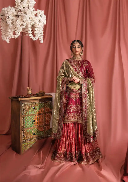 Aik Atelier Wedding Festive 23 LOOK 01 – Red Designer Dress with intricate embroidery and embellishments. Shop wedding dresses at Maria Faisal.