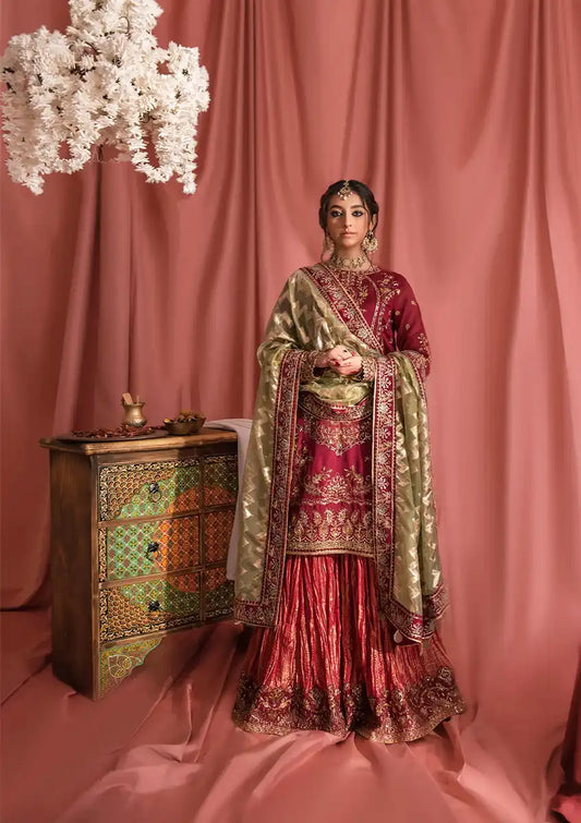 Aik Atelier Wedding Festive 23 LOOK 01 – Red Designer Dress with intricate embroidery and embellishments. Shop wedding dresses at Maria Faisal.