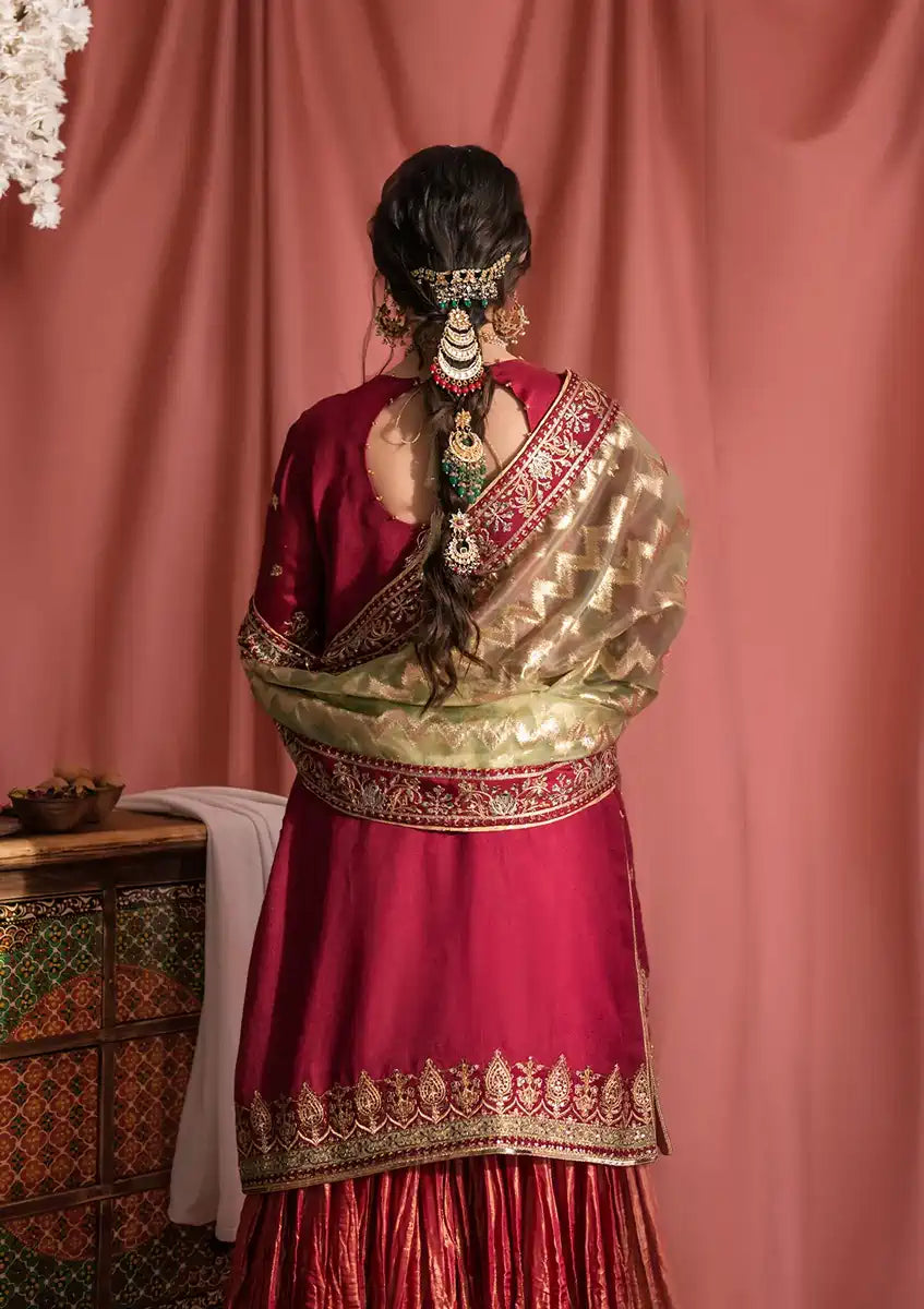 Aik Atelier Wedding Festive 23 LOOK 01 – Red Designer Dress with intricate embroidery and embellishments. Shop wedding dresses at Maria Faisal.