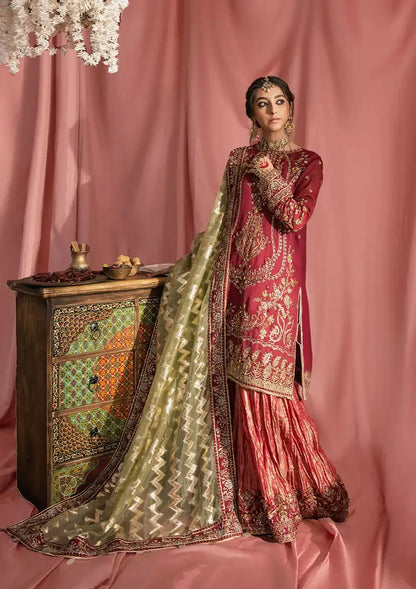 Aik Atelier Wedding Festive 23 LOOK 01 – Red Designer Dress with intricate embroidery and embellishments. Shop wedding dresses at Maria Faisal.