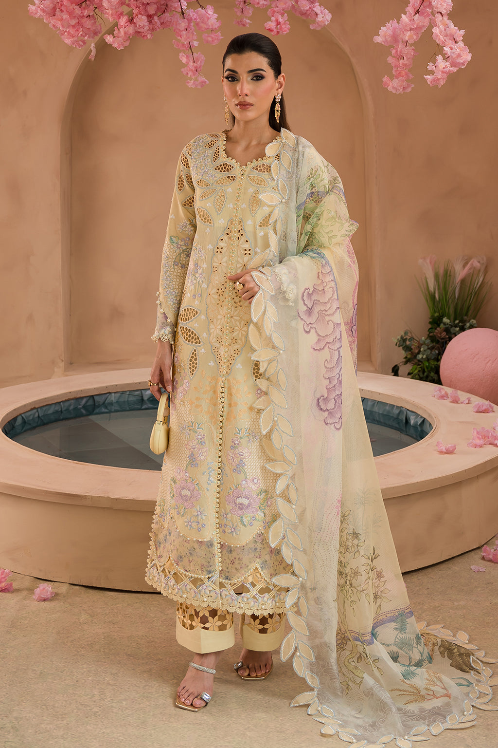 Afrozeh | The Painted Garden Lawn 24 | Sweet Saffron - Designer Dress with Intricate embroidery and embellishments. Shop elegent wedding dress at Maria Faisal.