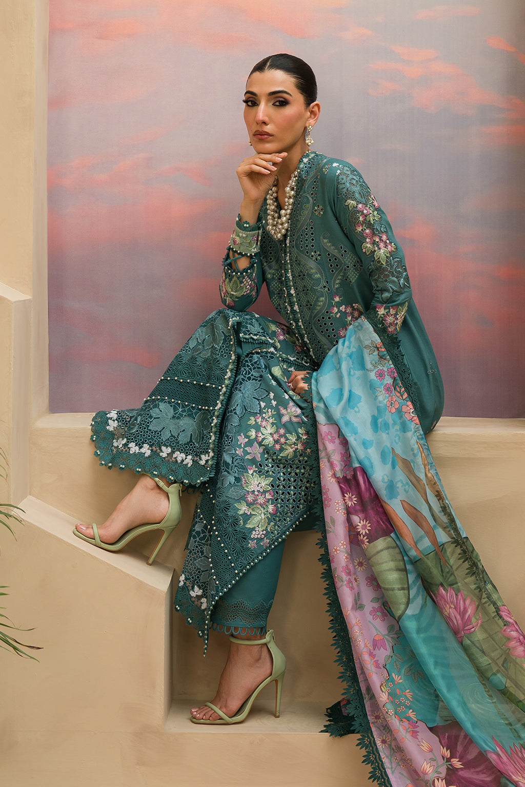 Afrozeh | The Painted Garden Lawn 24 | Stellar Sage - Designer Dress with Intricate embroidery and embellishments. Shop elegent wedding dress at Maria Faisal.