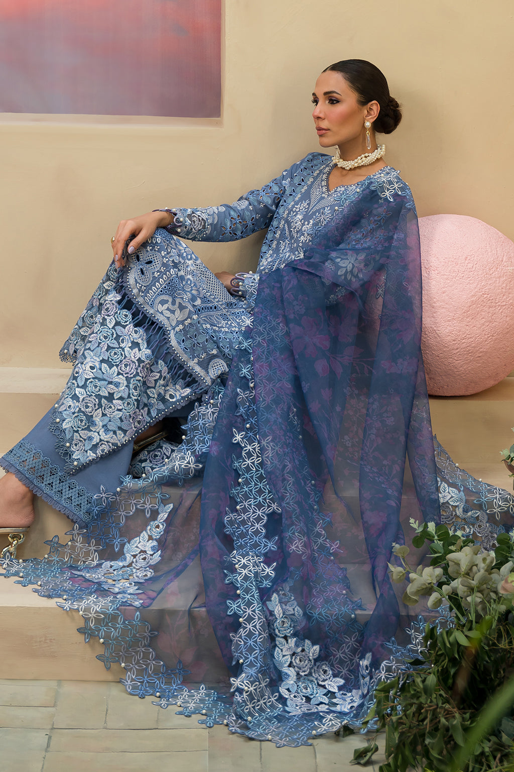Afrozeh | The Painted Garden Lawn 24 | Indigo Ink - Designer Dress with Intricate embroidery and embellishments. Shop elegent wedding dress at Maria Faisal.