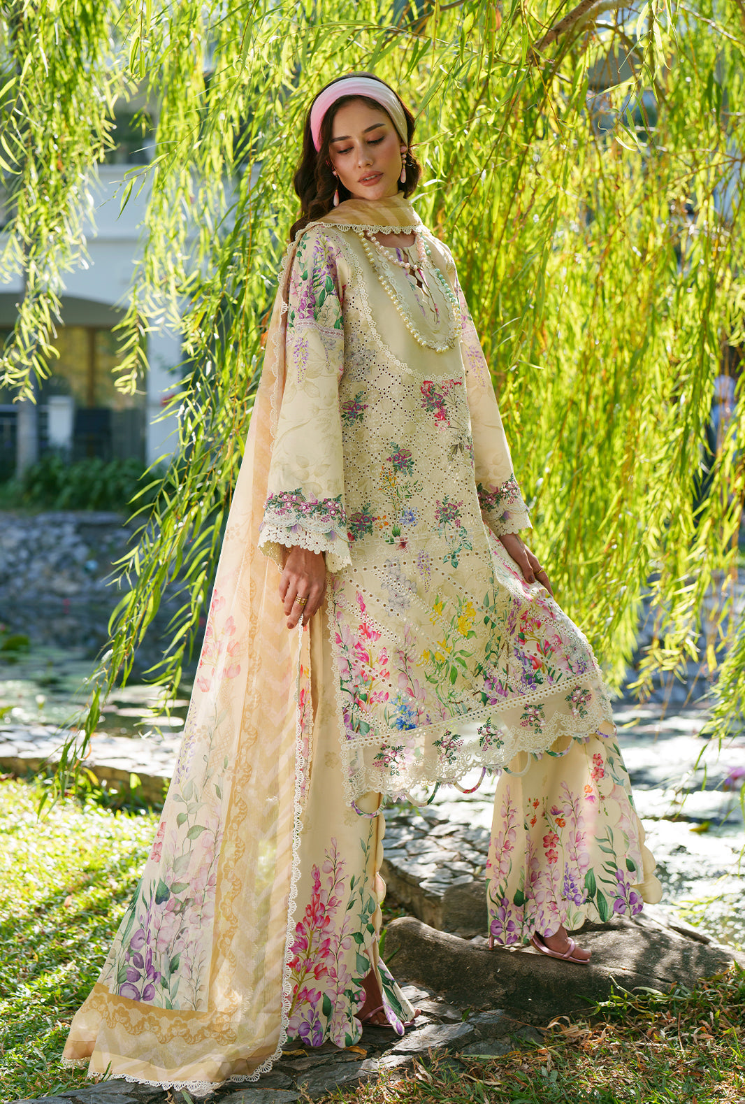 AJR Couture | Printed Chikankari 26 | Lila - Luxury Dress - available at Maria Faisal in UK and USA.