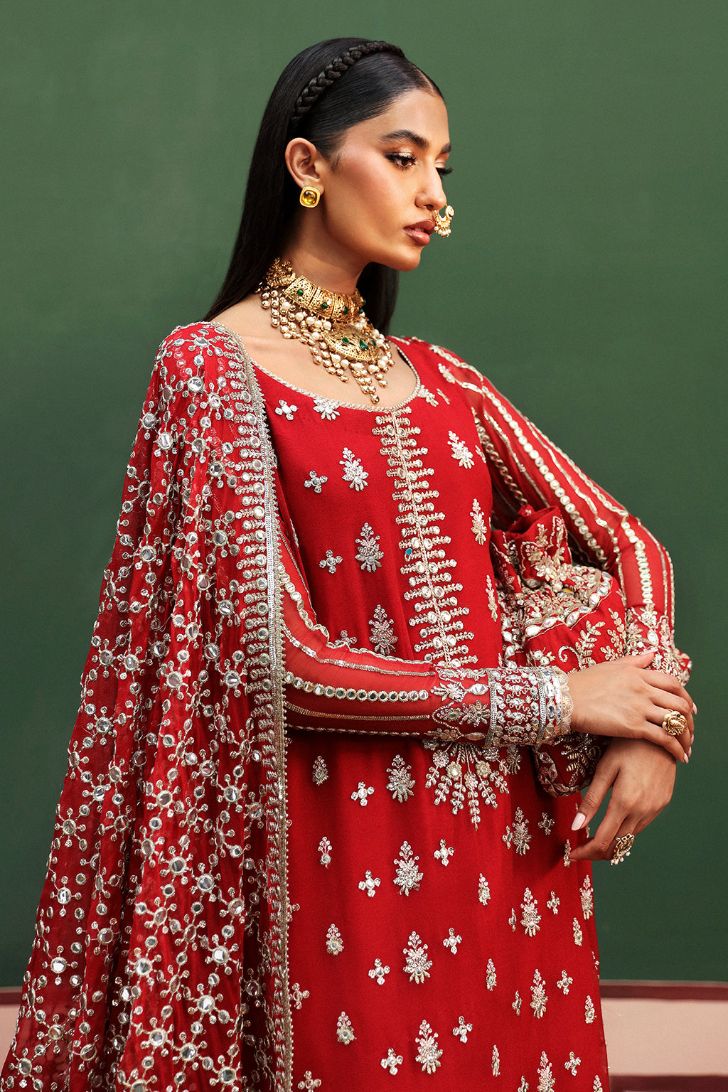 Afrozeh Shehnai Wedding Formals 24 Nishat - Red Pakistani Dress with intricate embroidery and embellishments. Shop elegant Asian dresses at Maria Faisal.