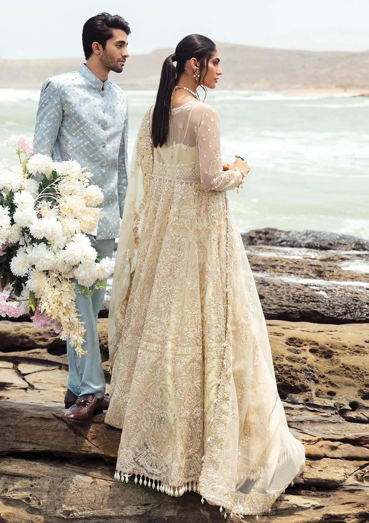 Afrozeh Dastangoi Wedding Formal'24 AROOHI - Lemon Pakistani Dress with intricate embroidery and embellishments. Shop elegant Asian dresses at Maria Faisal.