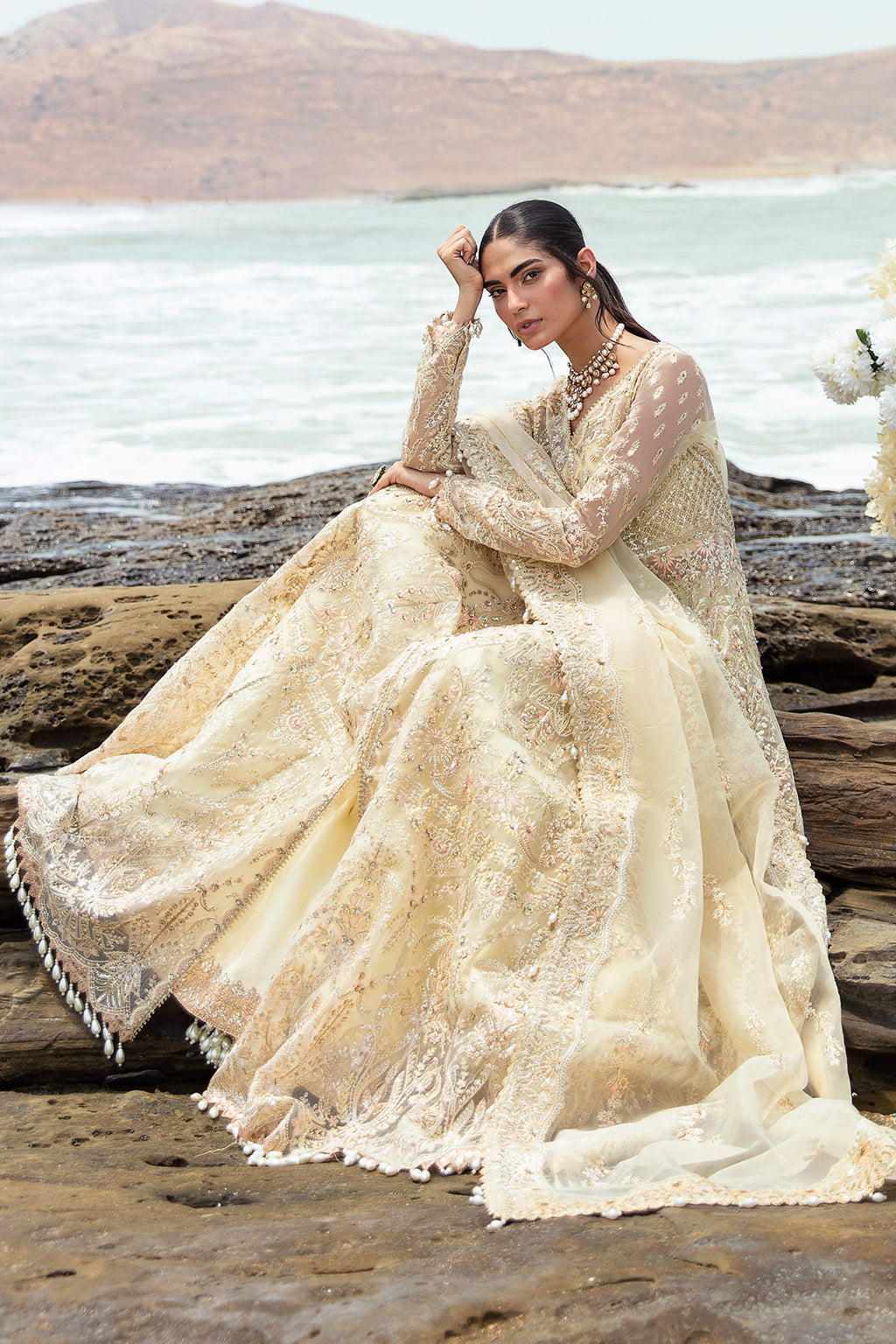 Afrozeh Dastangoi Wedding Formal'24 AROOHI - Lemon Pakistani Dress with intricate embroidery and embellishments. Shop elegant Asian dresses at Maria Faisal.