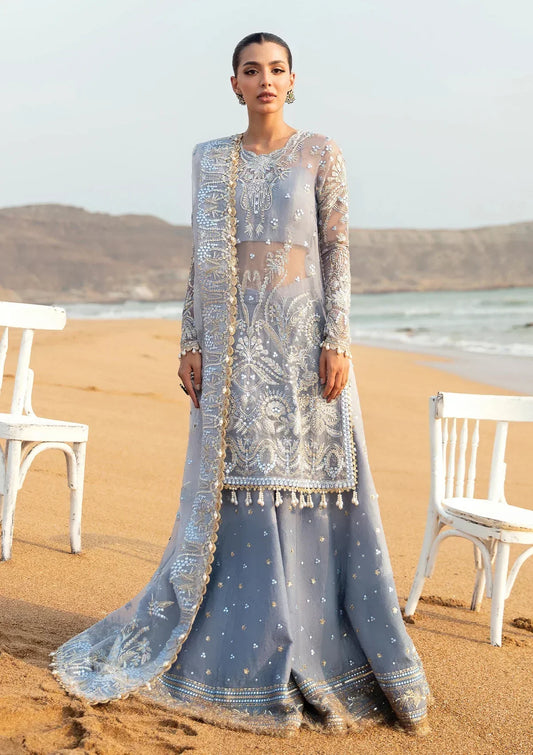 Afrozeh Dastangoi Wedding Formal'24 AWE-01 NASHMIA - Ice Blue Pakistani Dress with intricate embroidery and embellishments. Shop elegant Asian dresses at Maria Faisal.
