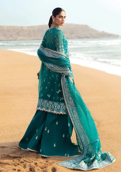 Afrozeh Dastangoi Wedding Formal'24 FIRDAUS - Teal Green Pakistani Dress with intricate embroidery and embellishments. Shop elegant Asian dresses at Maria Faisal.