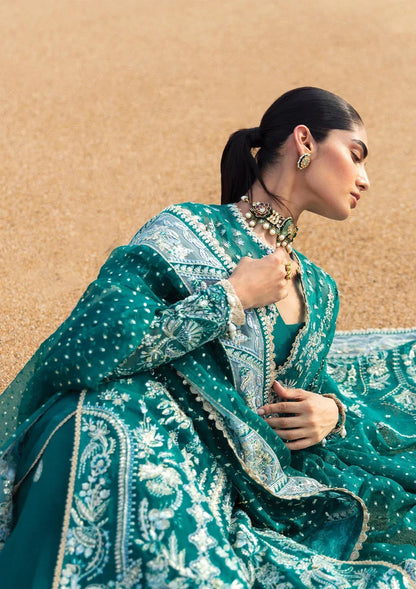 Afrozeh Dastangoi Wedding Formal'24 FIRDAUS - Teal Green Pakistani Dress with intricate embroidery and embellishments. Shop elegant Asian dresses at Maria Faisal.