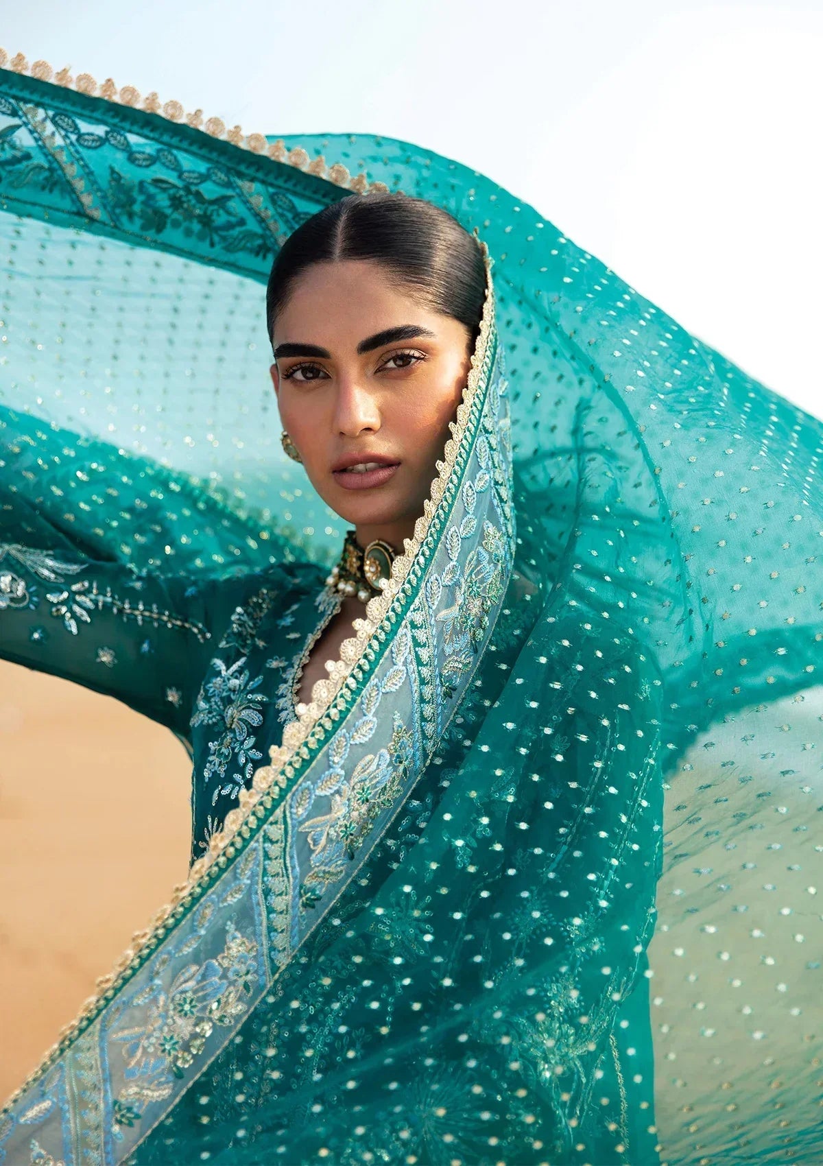 Afrozeh Dastangoi Wedding Formal'24 FIRDAUS - Teal Green Pakistani Dress with intricate embroidery and embellishments. Shop elegant Asian dresses at Maria Faisal.