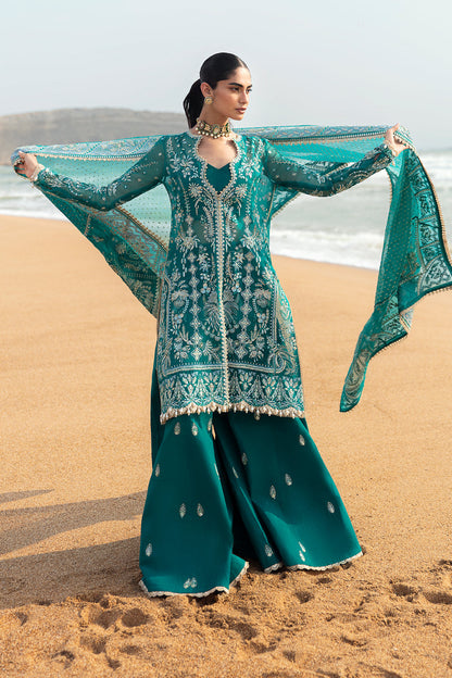 Afrozeh Dastangoi Wedding Formal'24 FIRDAUS - Teal Green Pakistani Dress with intricate embroidery and embellishments. Shop elegant Asian dresses at Maria Faisal.