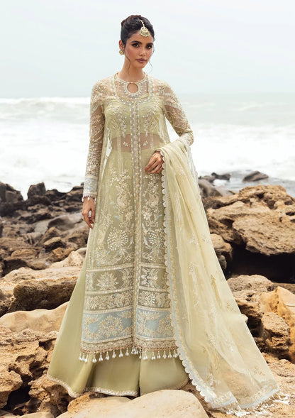 Afrozeh Dastangoi Wedding Formal'24 LEELA - Mint Green Pakistani Dress with intricate embroidery and embellishments. Shop elegant Asian dresses at Maria Faisal.