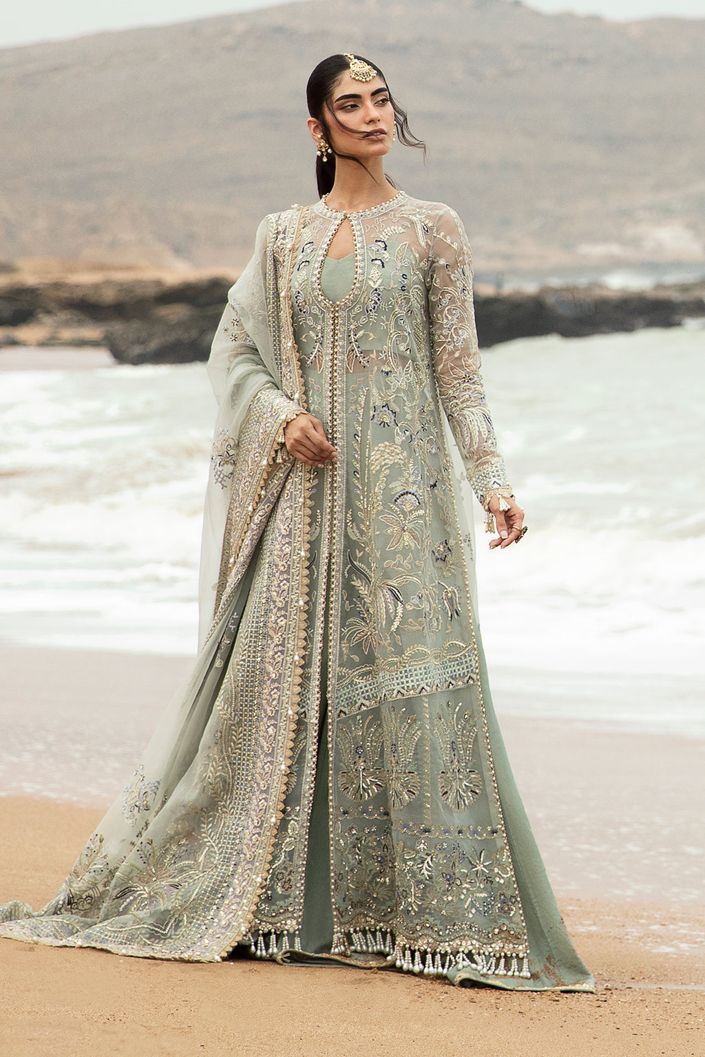 Afrozeh Dastangoi Wedding Formal'24 SHANZAY - Sea Green Pakistani Dress with intricate embroidery and embellishments. Shop elegant Asian dresses at Maria Faisal.