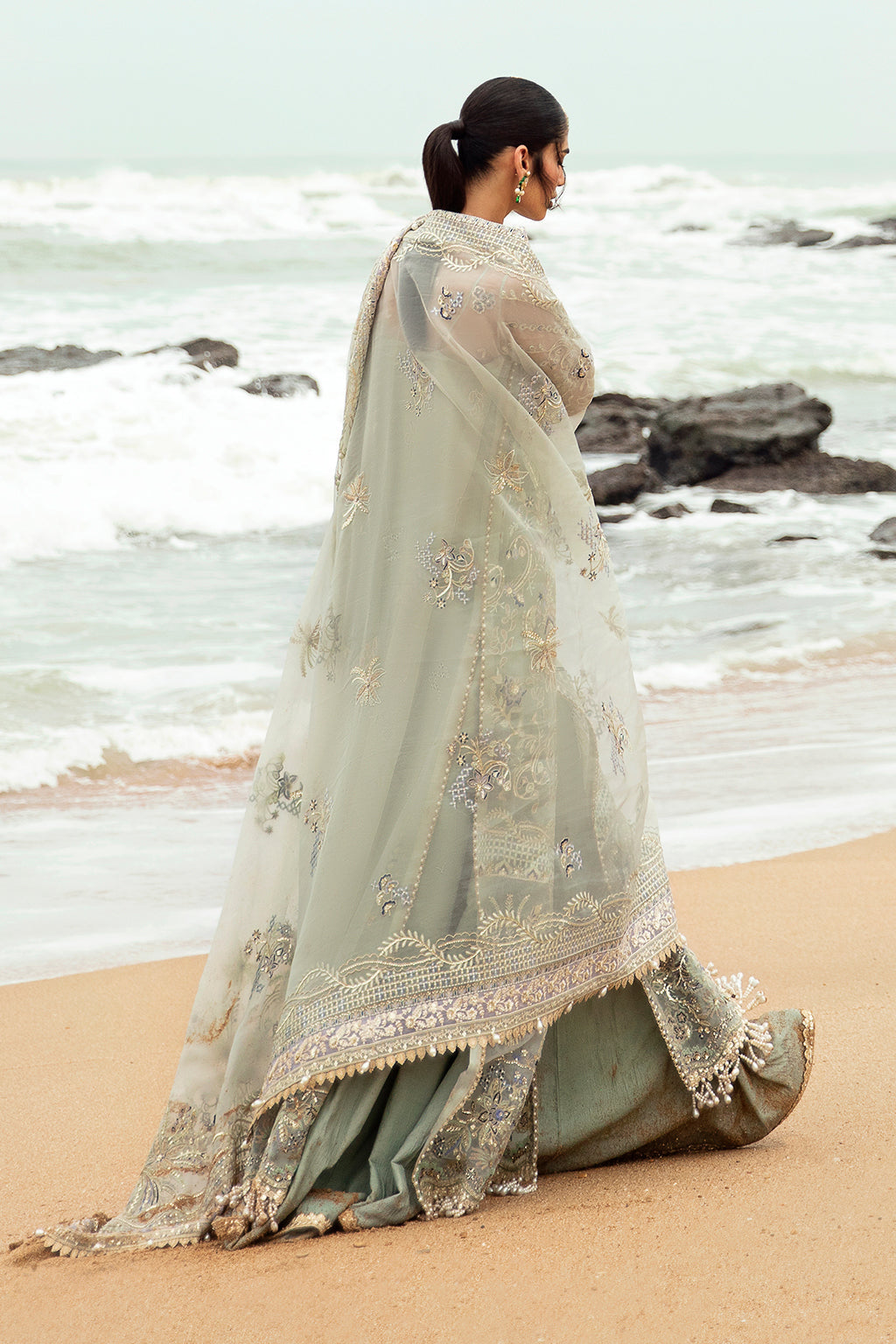 Afrozeh Dastangoi Wedding Formal'24 SHANZAY - Sea Green Pakistani Dress with intricate embroidery and embellishments. Shop elegant Asian dresses at Maria Faisal.