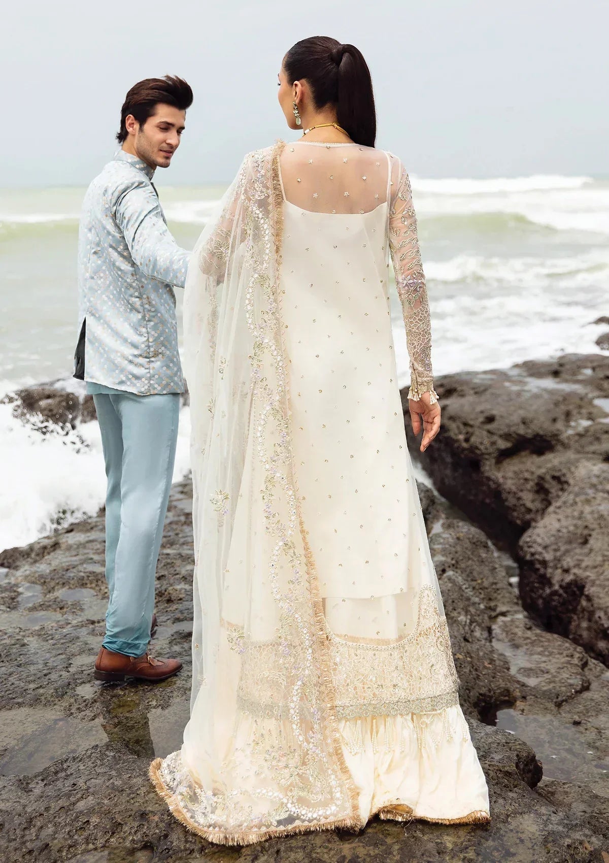 Afrozeh Dastangoi Wedding Formal'24 SHUGUFTA - Off White Pakistani Dress with intricate embroidery and embellishments. Shop elegant Asian dresses at Maria Faisal.