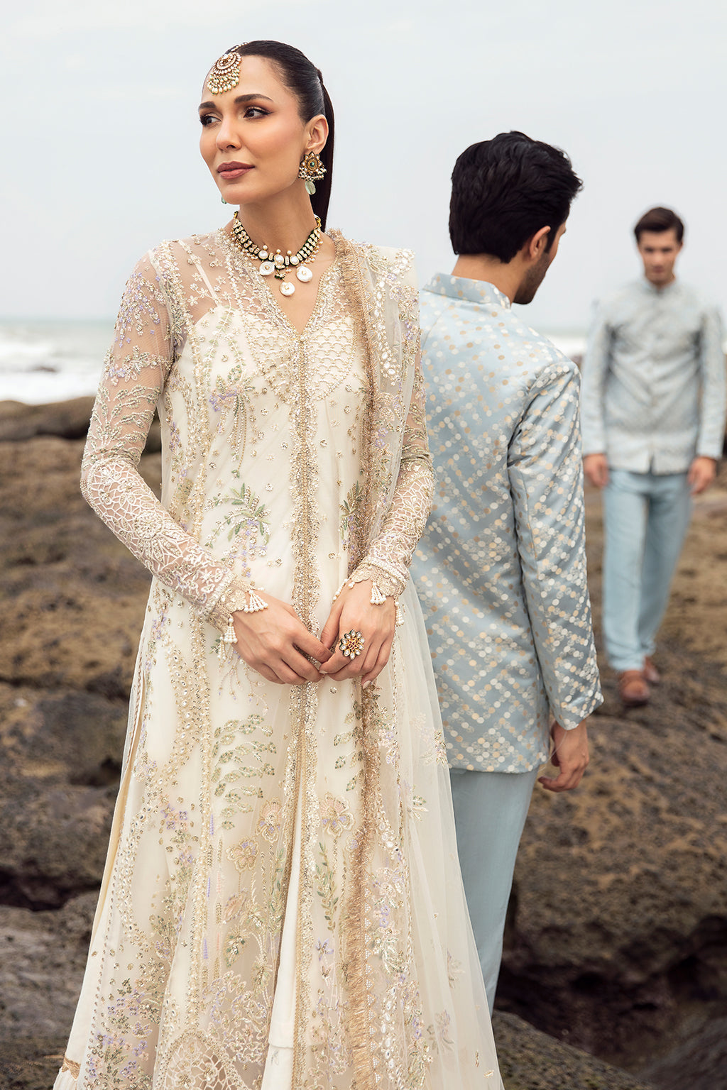 Afrozeh Dastangoi Wedding Formal'24 SHUGUFTA - Off White Pakistani Dress with intricate embroidery and embellishments. Shop elegant Asian dresses at Maria Faisal.