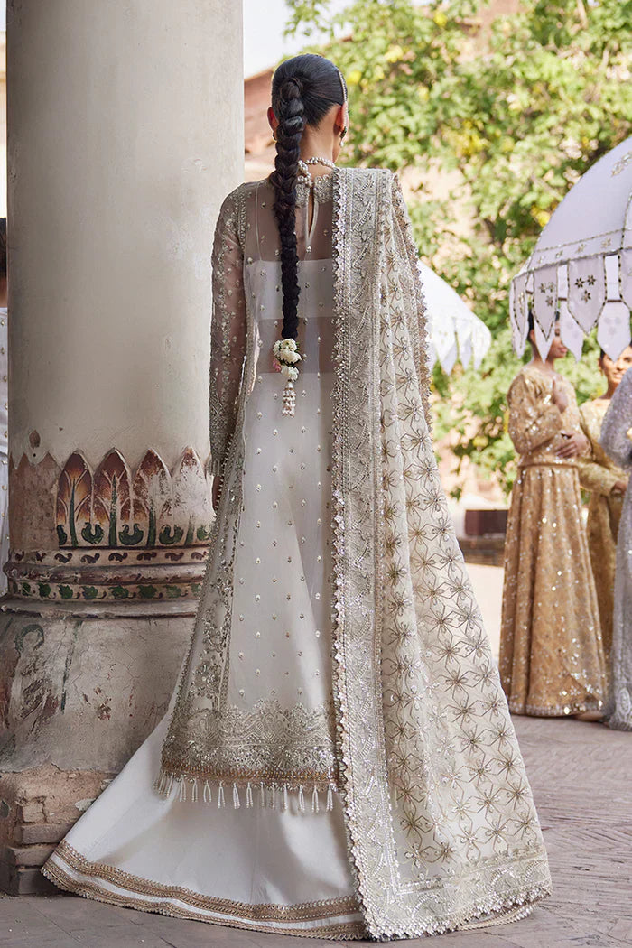 Afrozeh Dastangoi Wedding Formals Noori– Off White Pakistani Dress with intricate embroidery and embellishments. Shop elegant Asian dresses at Maria Faisal.