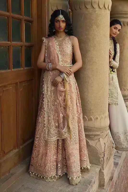 Afrozeh Dastangoi Wedding Formals Madhur – Peach Pink Pakistani Dress with intricate embroidery and embellishments. Shop elegant Asian dresses at Maria Faisal.