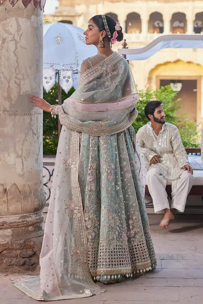 Afrozeh Dastangoi Wedding Formals Mehrunisa – Aqua Pakistani Dress with intricate embroidery and embellishments. Shop elegant Asian dresses at Maria Faisal.