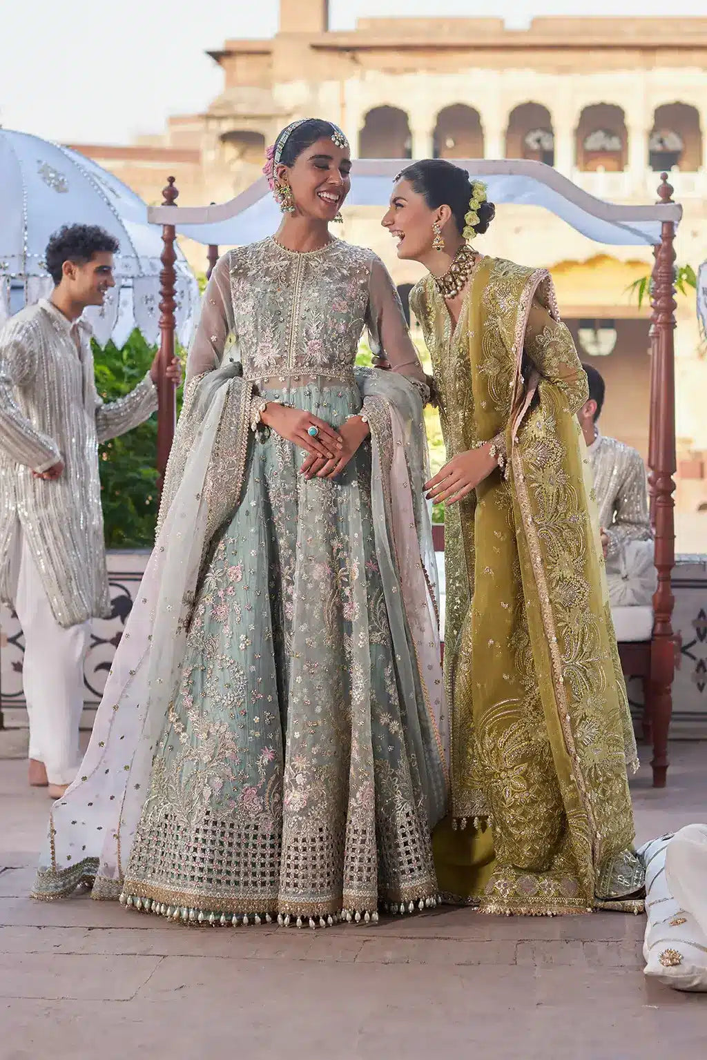 Afrozeh Dastangoi Wedding Formals Mehrunisa – Aqua Pakistani Dress with intricate embroidery and embellishments. Shop elegant Asian dresses at Maria Faisal.
