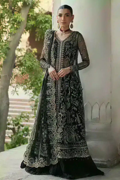 Afrozeh Dastangoi Wedding Formals Nafeesa – Black Orange Pakistani Dress with intricate embroidery and embellishments. Shop elegant Asian dresses at Maria Faisal.
