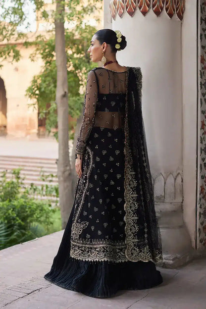 Afrozeh Dastangoi Wedding Formals Nafeesa – Black Orange Pakistani Dress with intricate embroidery and embellishments. Shop elegant Asian dresses at Maria Faisal.