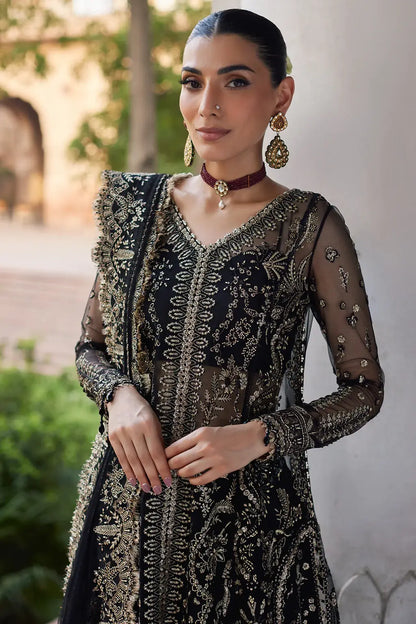 Afrozeh Dastangoi Wedding Formals Nafeesa – Black Orange Pakistani Dress with intricate embroidery and embellishments. Shop elegant Asian dresses at Maria Faisal.