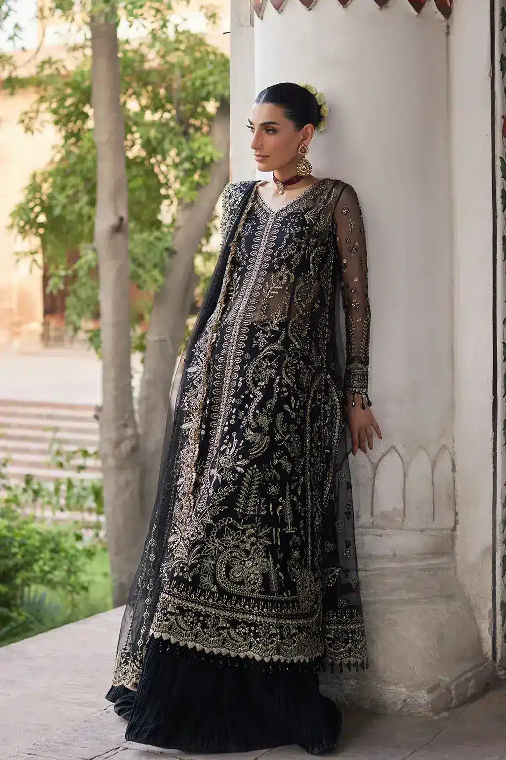 Afrozeh Dastangoi Wedding Formals Nafeesa – Black Orange Pakistani Dress with intricate embroidery and embellishments. Shop elegant Asian dresses at Maria Faisal.