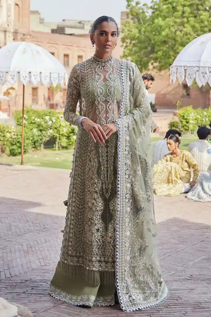 Afrozeh Dastangoi Wedding Formals Nigar– Mint Green Pakistani Dress with intricate embroidery and embellishments. Shop elegant Asian dresses at Maria Faisal.