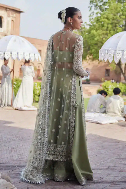 Afrozeh Dastangoi Wedding Formals Nigar– Mint Green Pakistani Dress with intricate embroidery and embellishments. Shop elegant Asian dresses at Maria Faisal.